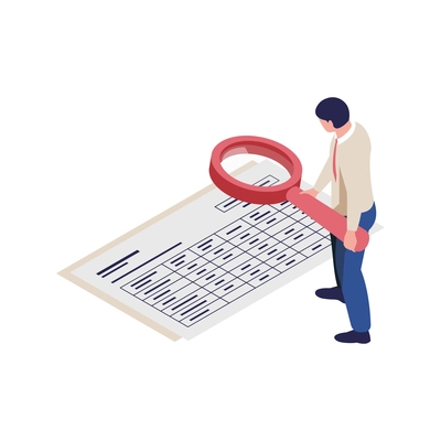 Isometric accounting icon with man looking at financial document through magnifier 3d vector illustration