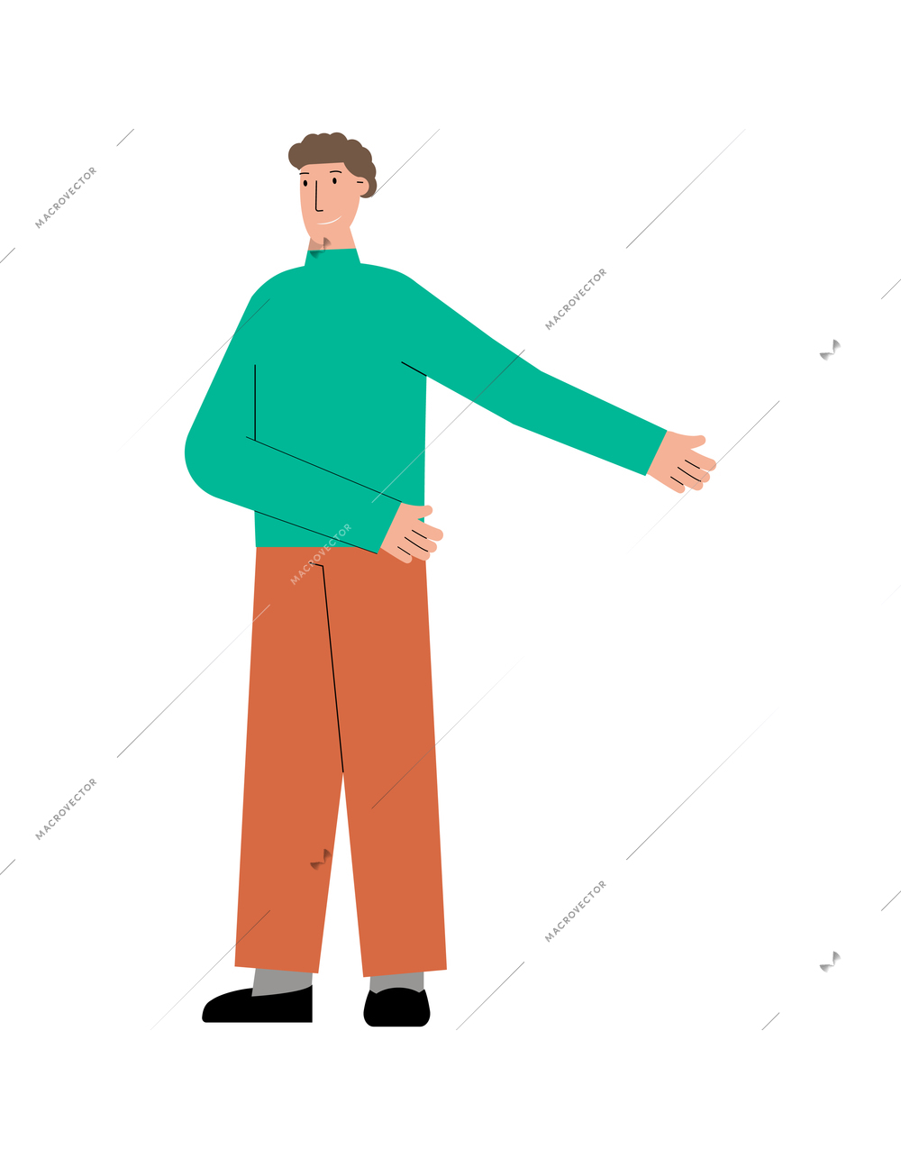 Smiling friendly man doing welcome gesture flat vector illustration