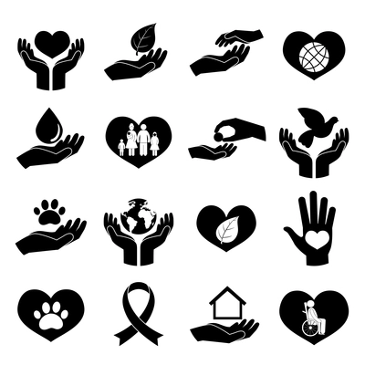 Charity donation social services and volunteer black icons pictogram set isolated vector illustration