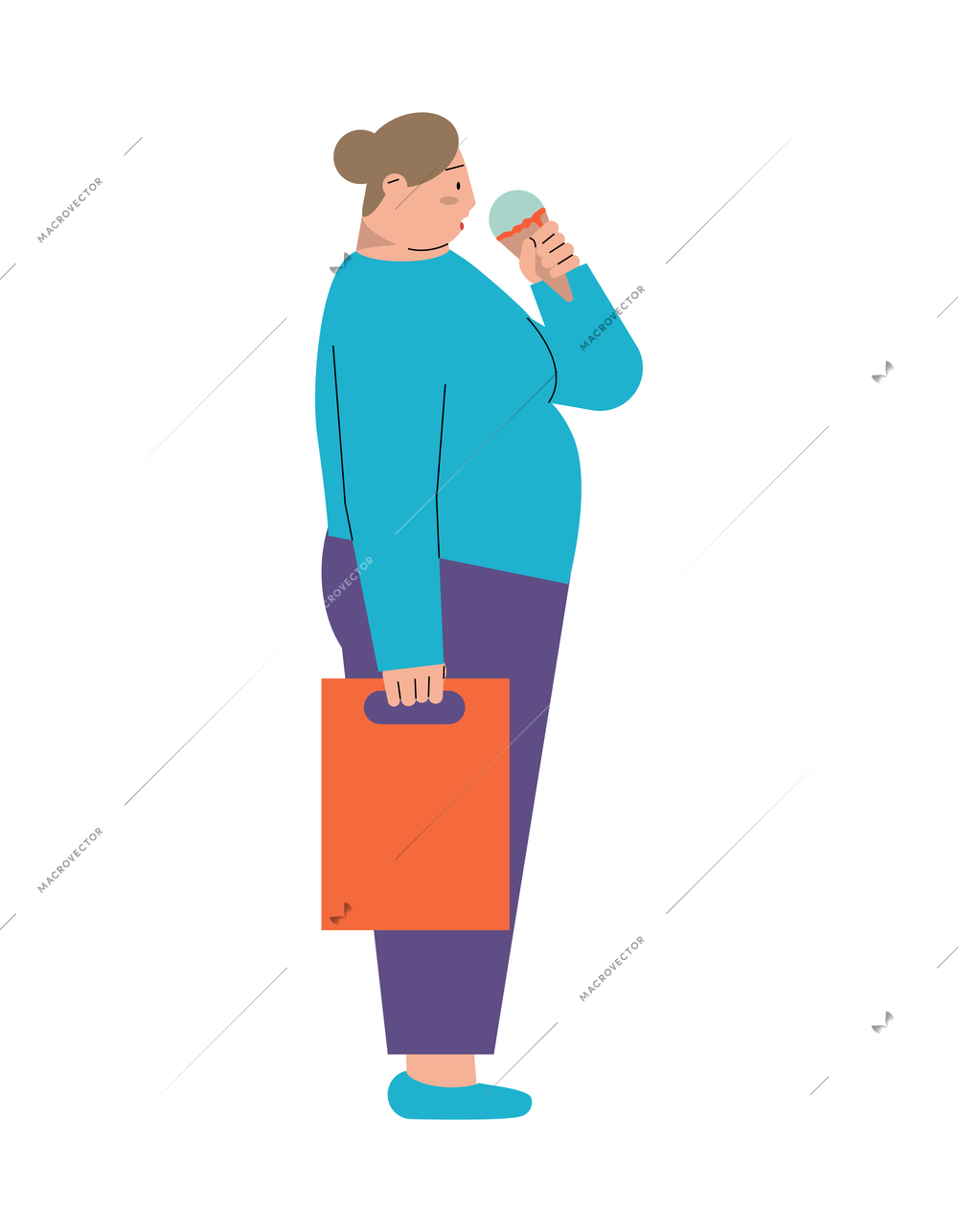 Flat side view of overweight woman eating ice cream vector illustration