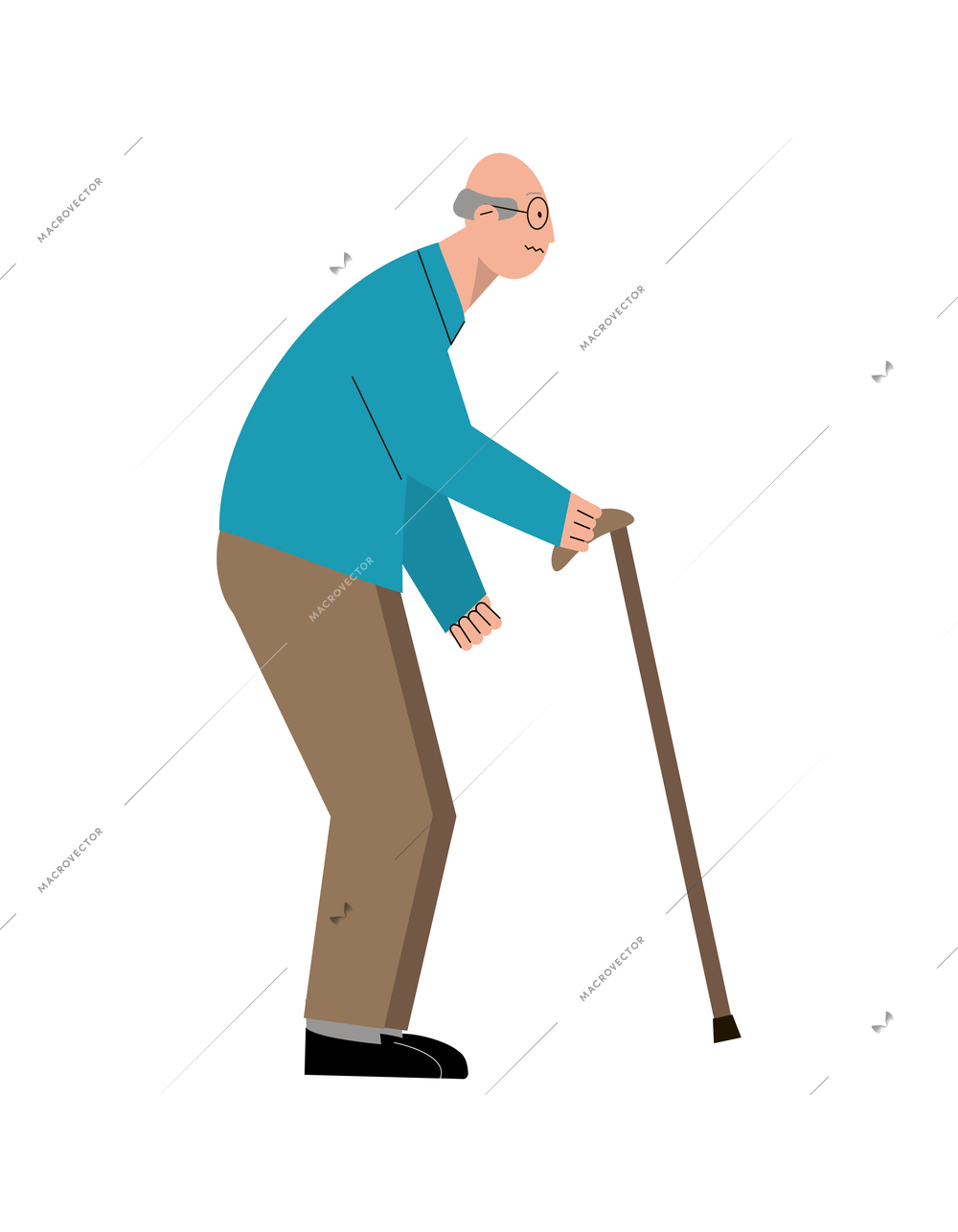 Old bald man with walking stick flat vector illustration
