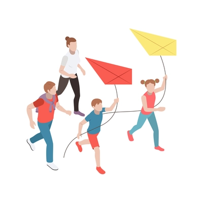 Family leisure activity isometric icon with woman and her children flying kites vector illustration