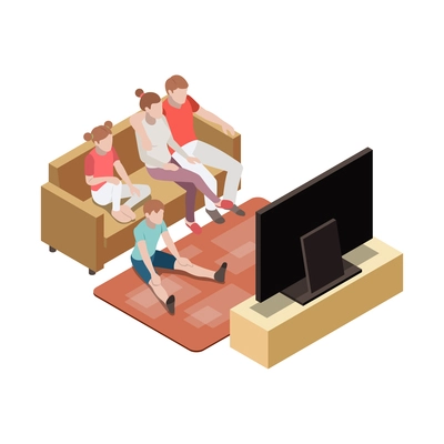 Family watching tv together in living room isometric vector illustration