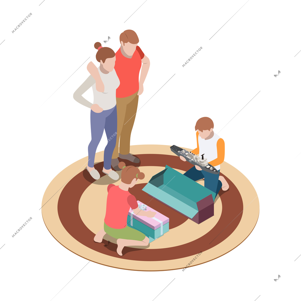 Family composition with parents watching children unboxing their presents 3d isometric vector illustration