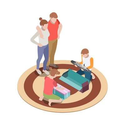 Family composition with parents watching children unboxing their presents 3d isometric vector illustration