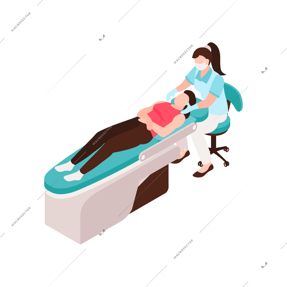 Dental clinic icon with female patient and dentist at work 3d isometric vector illustration