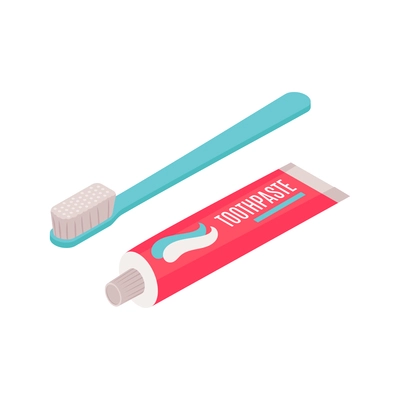 Isometric toothbrush and tube of toothpaste isolated vector illustration