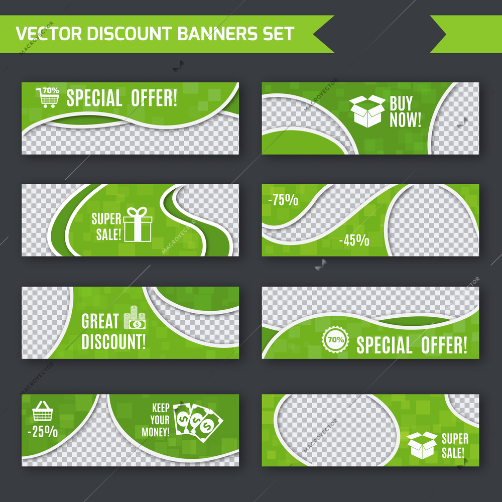 Discount promotion advertising green paper banners set isolated vector illustration