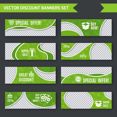 Discount promotion advertising green paper banners set isolated vector illustration