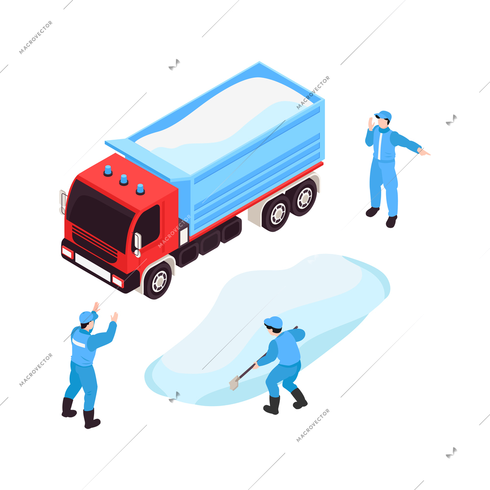 Isometric icon with truck and three workers removing snow from road isolated vector illustration