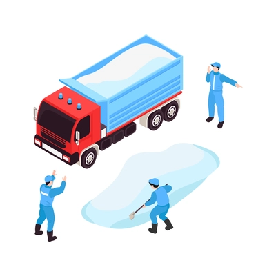 Isometric icon with truck and three workers removing snow from road isolated vector illustration