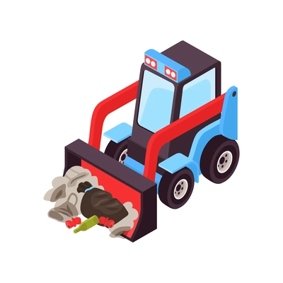 Isometric icon with tractor removing rubbish from roads 3d vector illustration