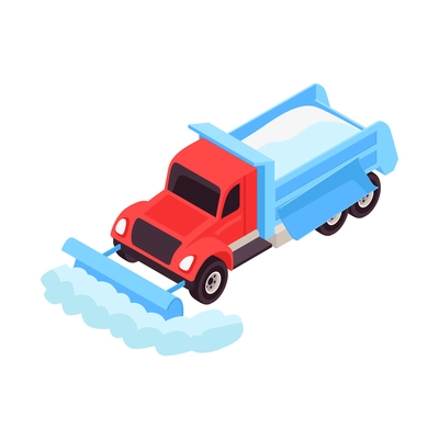 Isometric snowplow truck removing snow from road 3d vector illustration