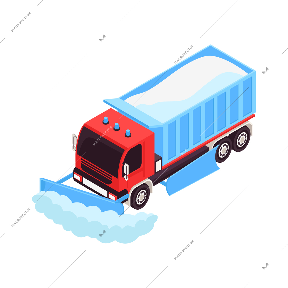 Isometric icon with snowplow truck cleaning road from snow vector illustration