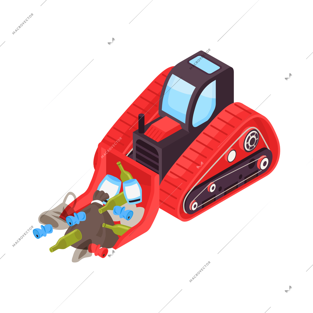 Isometric icon with red bulldozer cleaning road from garbage 3d vector illustration