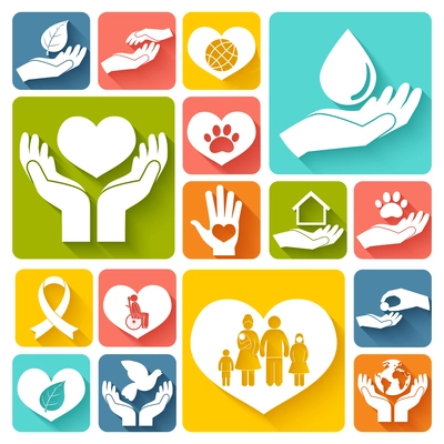 Charity donation social services emblems flat icons set isolated vector illustration