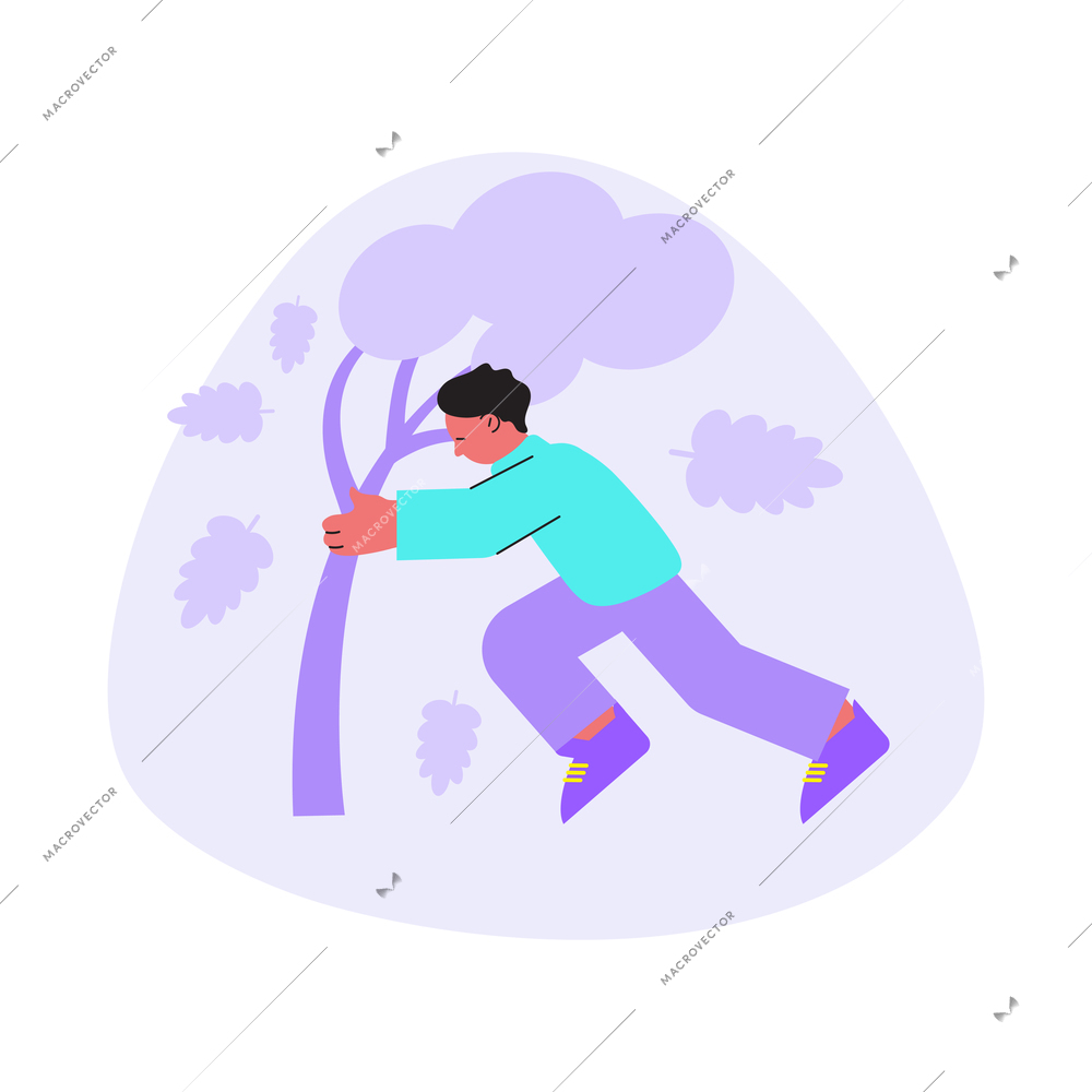 Windy weather flat composition with character holding on tree trunk vector illustration