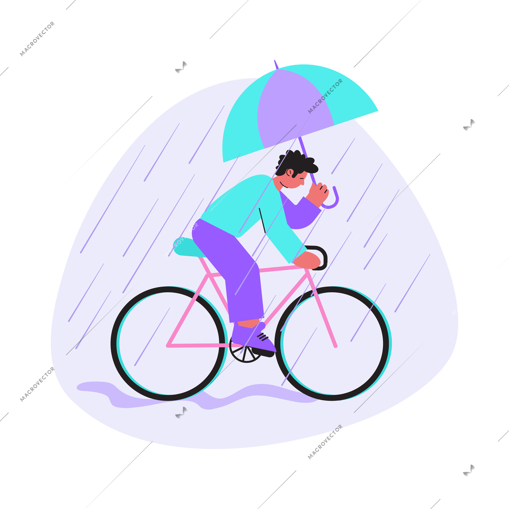 Man with umbrella riding bike in rainy weather flat composition vector illustration