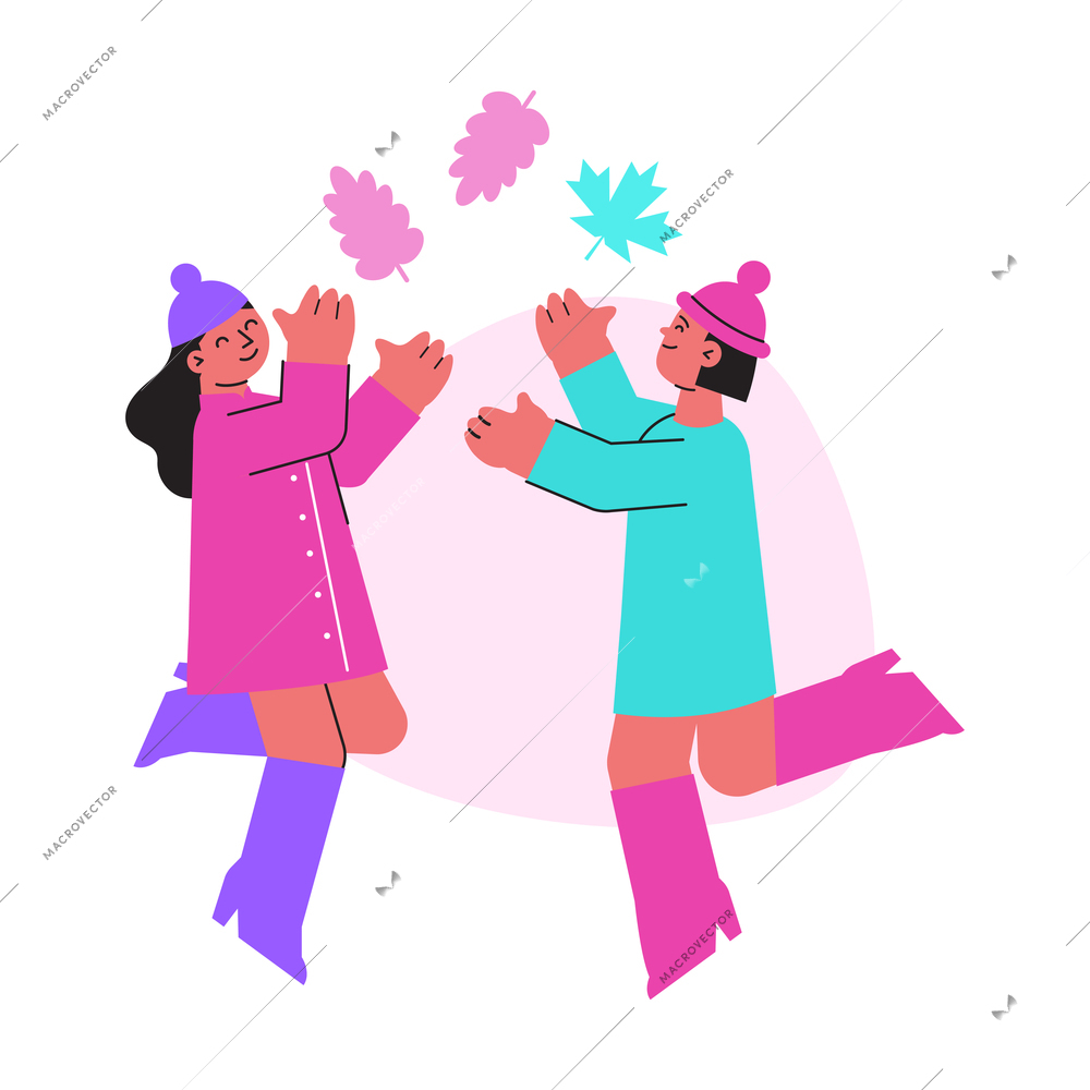 Two happy women playing with fallen leaves in autumn flat vector illustration