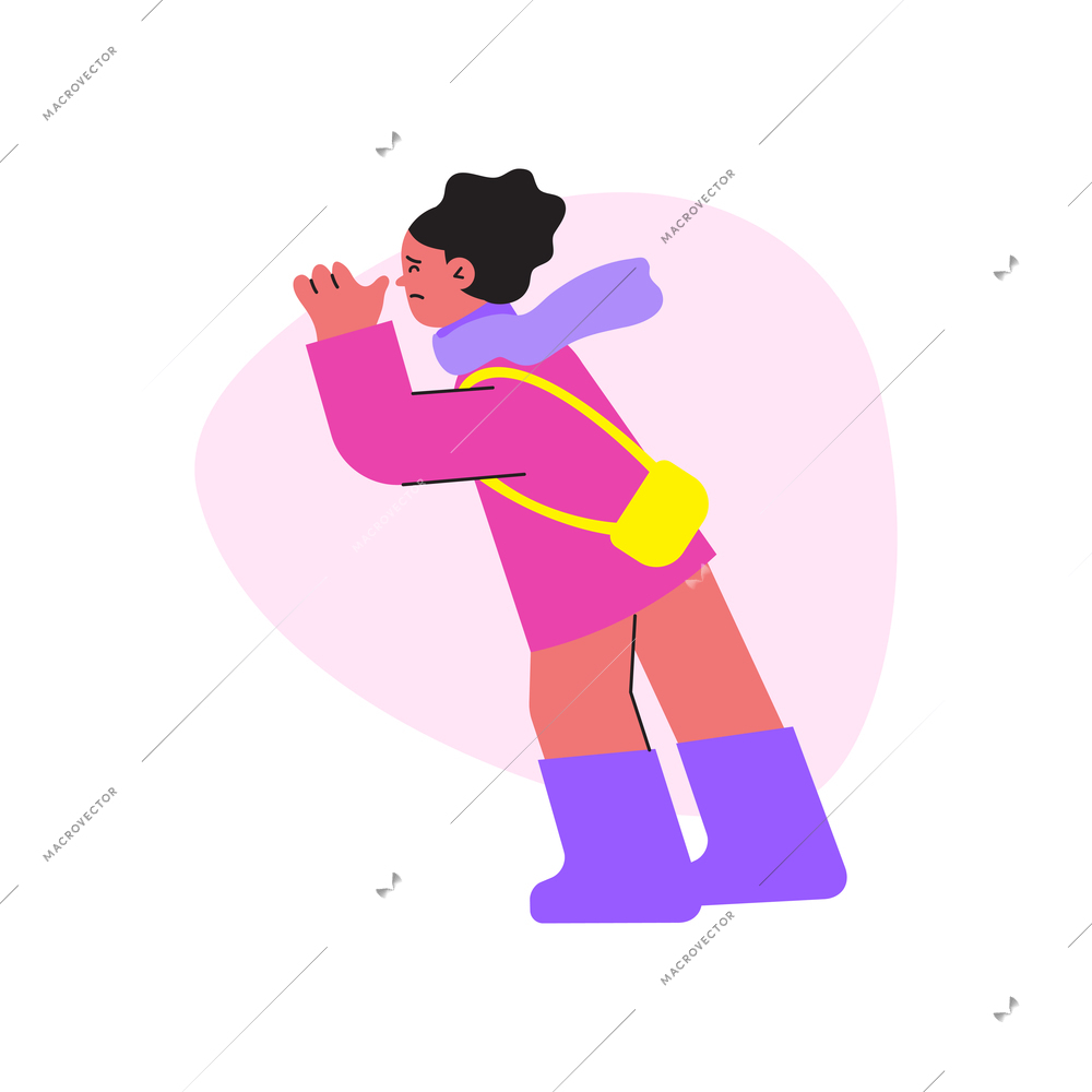 Woman walking in nasty windy weather flat vector illustration