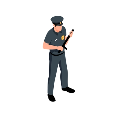 Isometric icon with male police officer holding baton 3d vector illustration