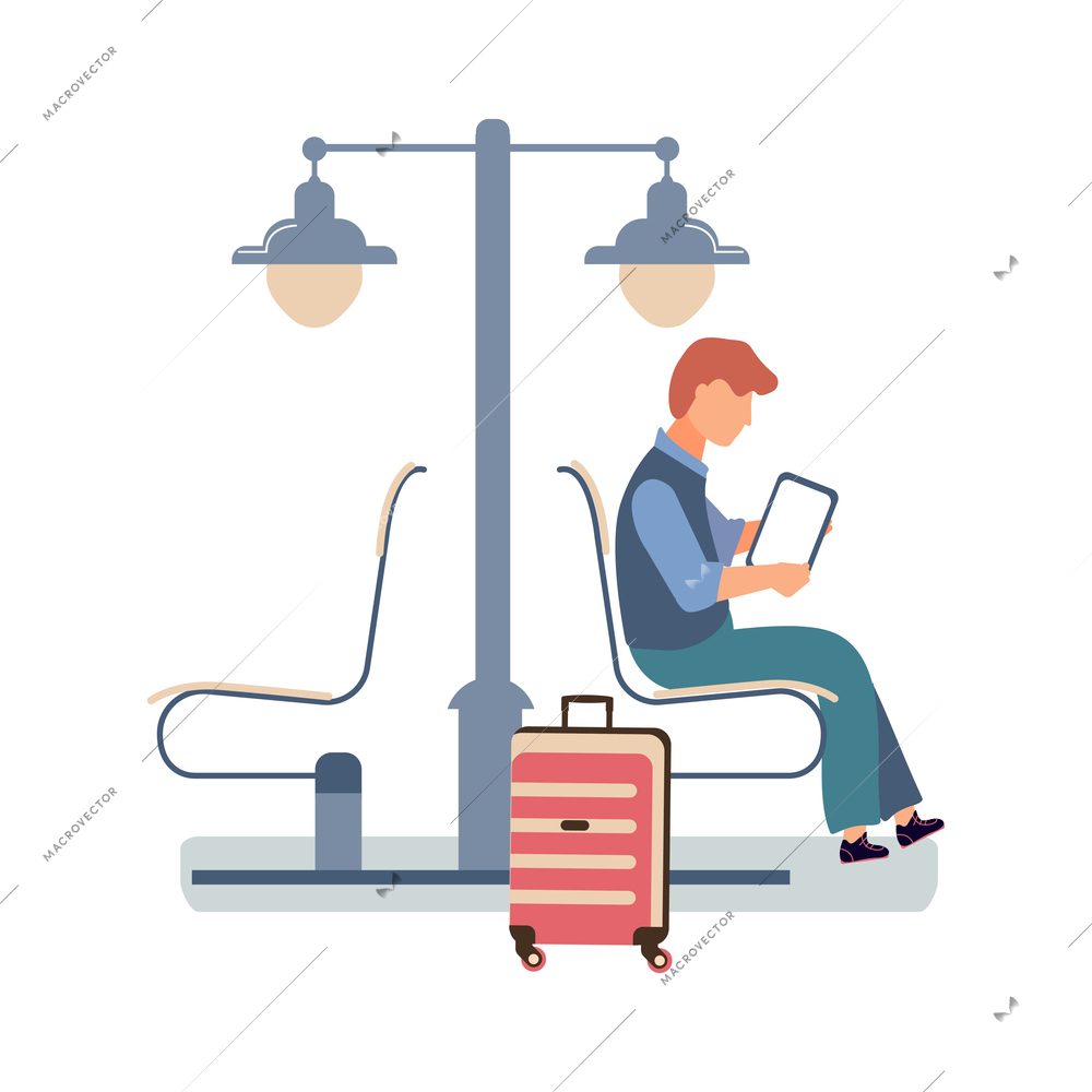 Railway station icon with man waiting for train with tablet and suitcase flat vector illustration