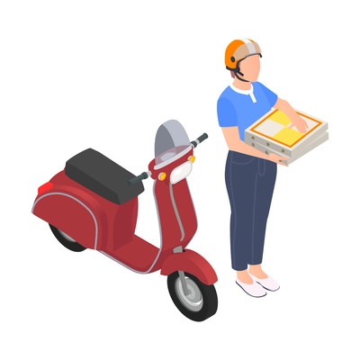 Isometric icon with pizza delivery woman and her scooter on white background vector illustration