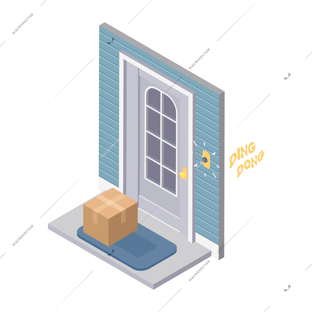 Delivery service isometric icon with cardboard box near front door and ringing bell 3d vector illustration