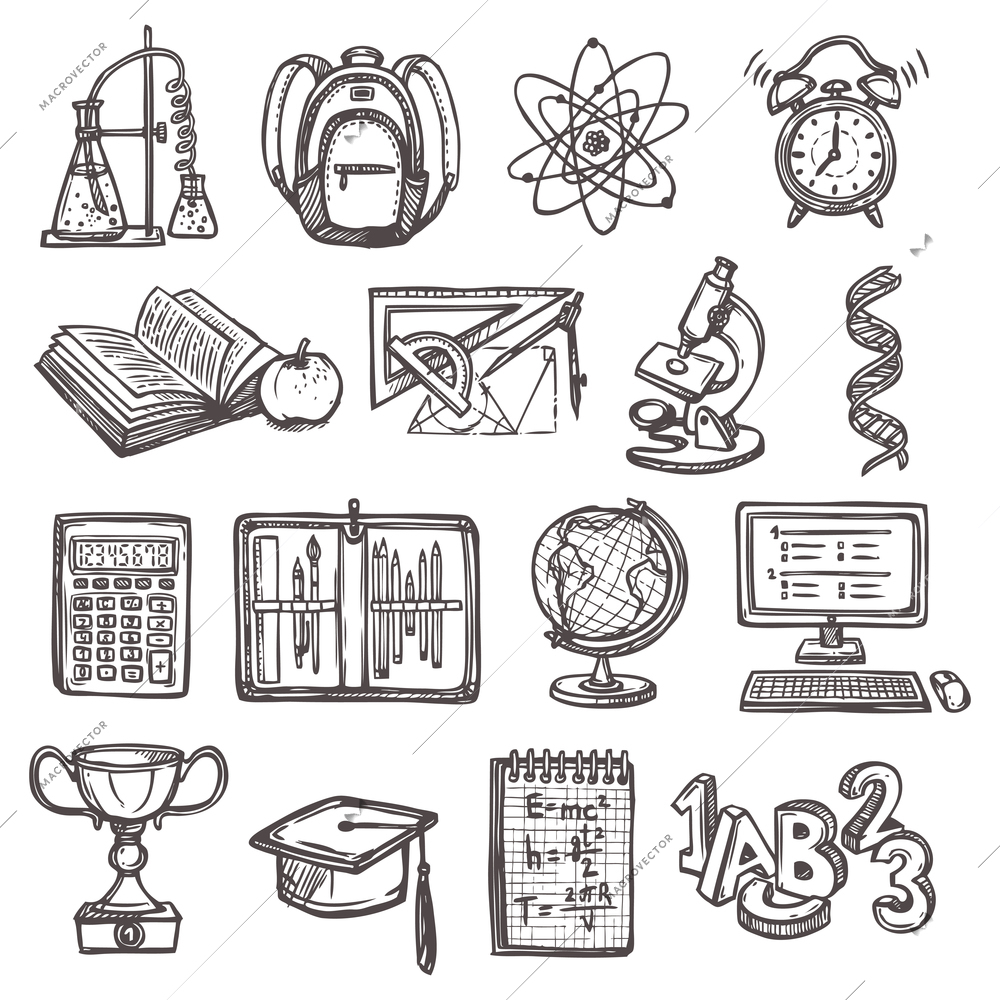 Retro school education sketch icons set of backpack alarm clock globe isolated vector illustration