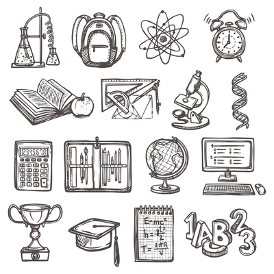 Retro school education sketch icons set of backpack alarm clock globe isolated vector illustration