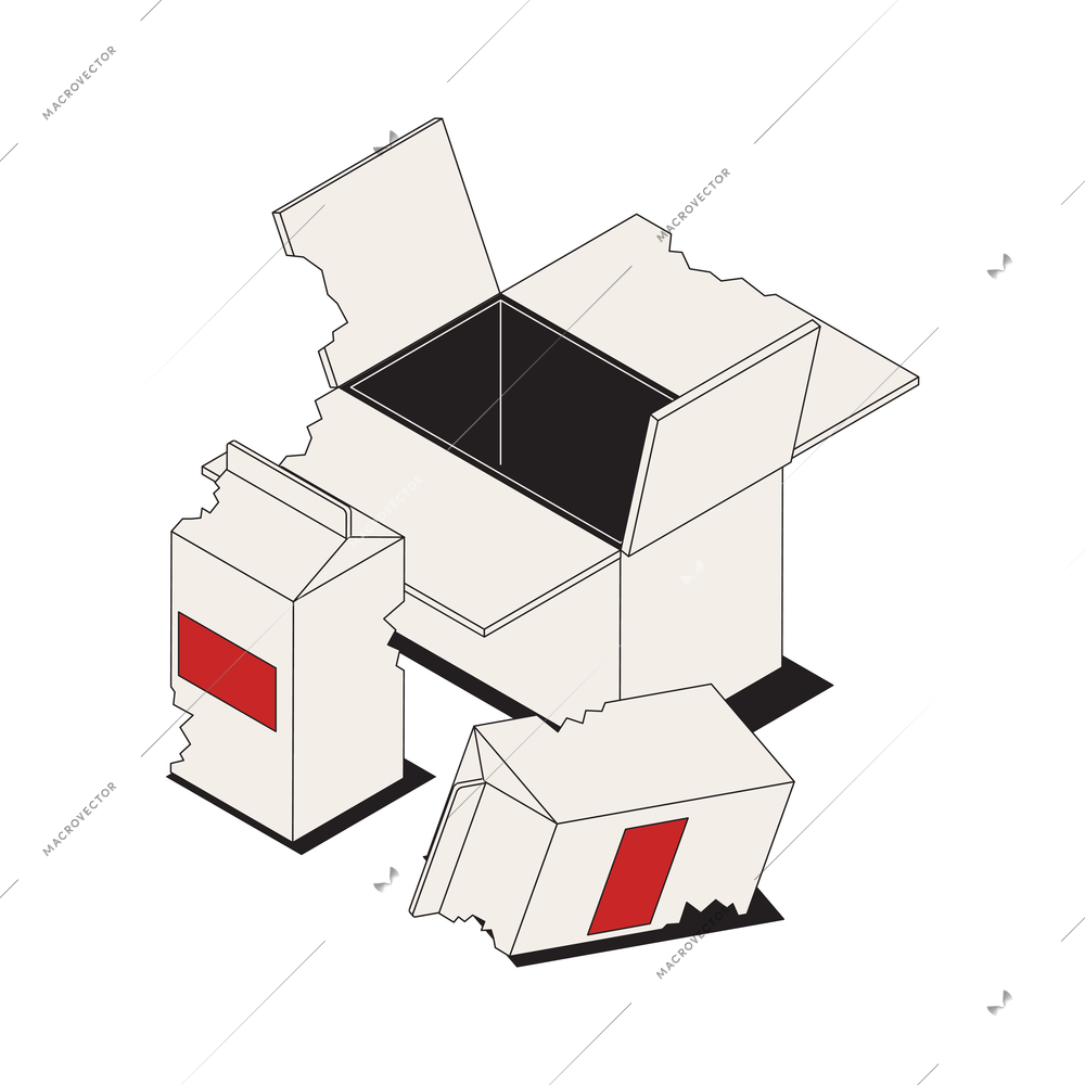 Isometric paper waste 3d icon with used torn cardboard boxes and cartons vector illustration