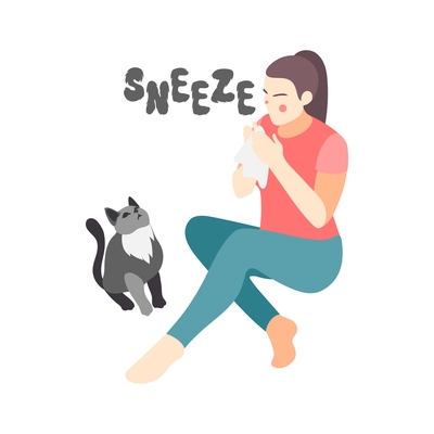 Animal allergy isometric icon with sneezing female character and cat vector illustration