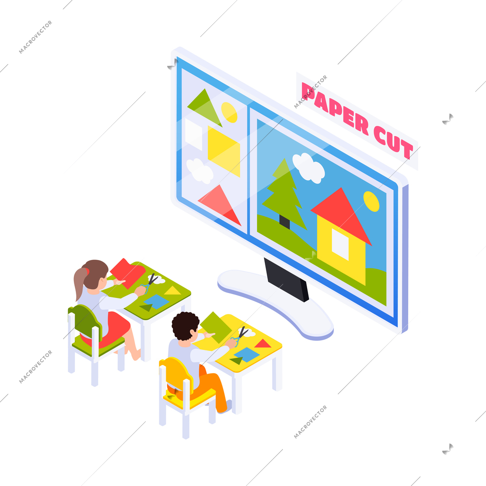 Isometric home education composition with kids having handicraft online lesson on computer vector illustration