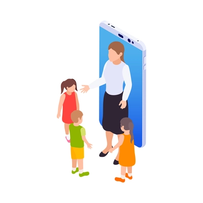 Home education isometric icon with smartphone and characters of teacher and children vector illustration