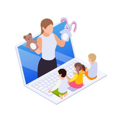 Home education isometric icon with small children having online lesson vector illustration