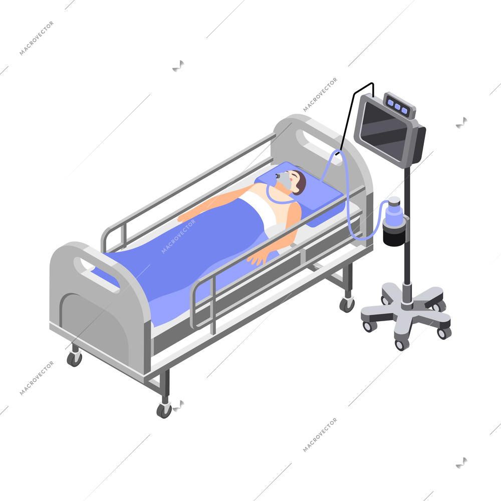 Male patient on artificial lung ventilation in intensive care unit isometric vector illustration
