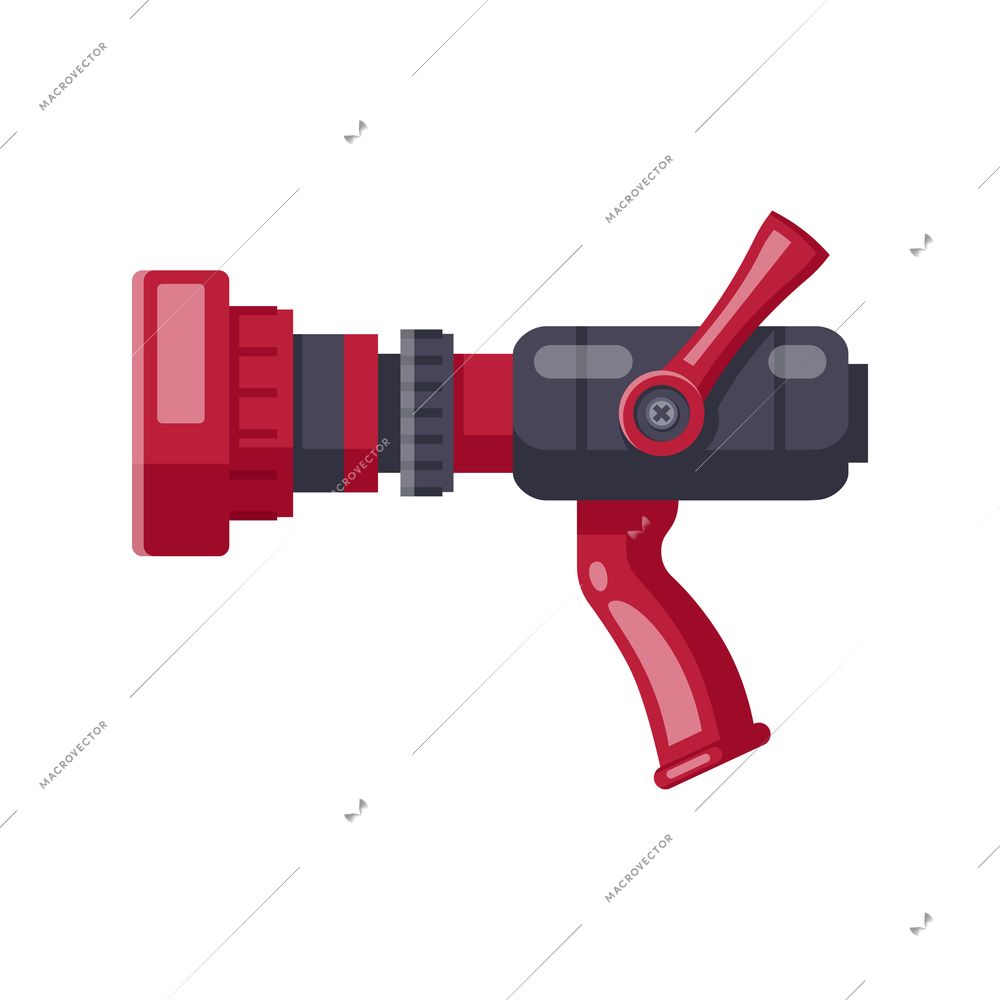 Red and black fire hose nozzle on white background cartoon vector illustration