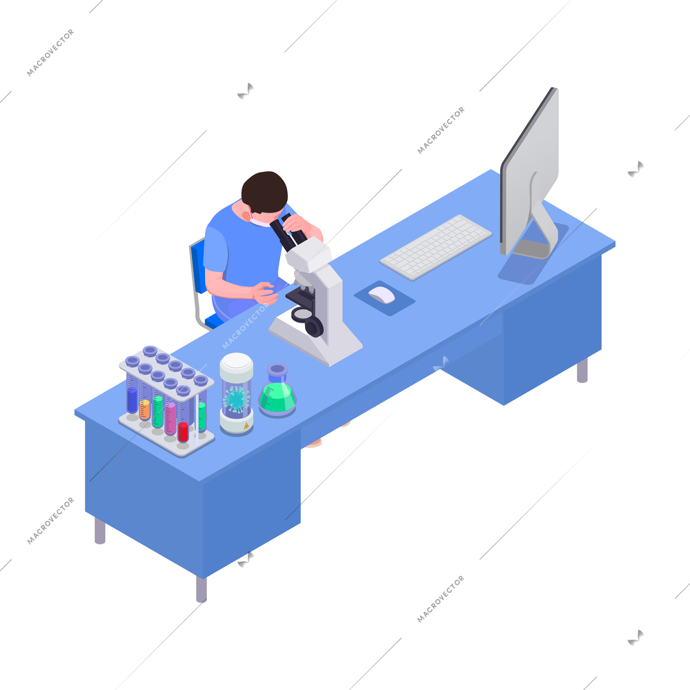 Vaccination isometric icon with man working in laboratory 3d vector illustration