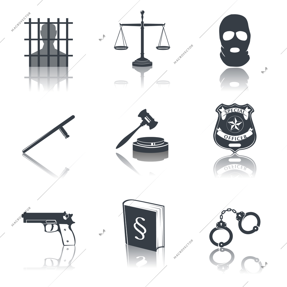 Law legal justice judge and legislation black icons set with gavel court jail isolated vector illustration