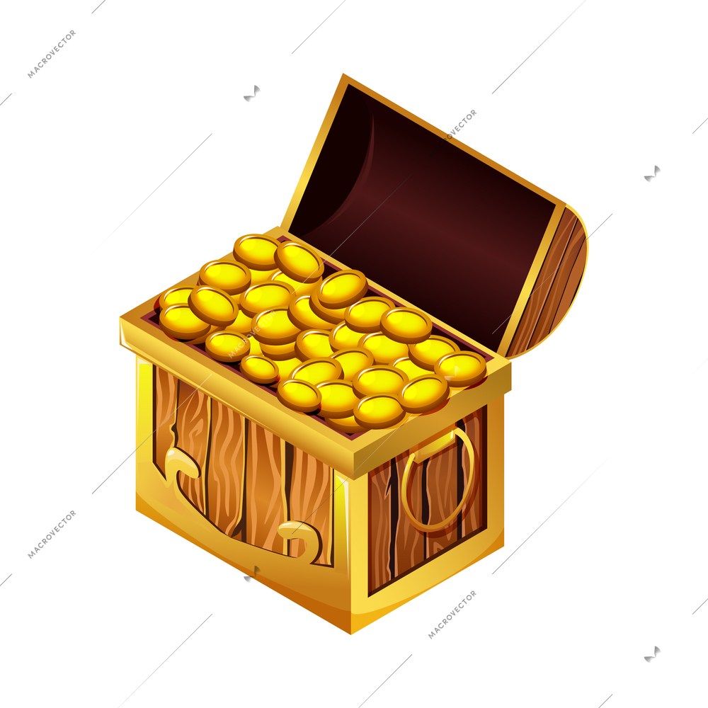 Isometric icon with open wooden chest full of gold coins vector illustration