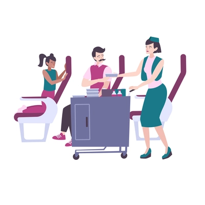 Stewardess giving lunch to passengers in airplane flat vector illustration