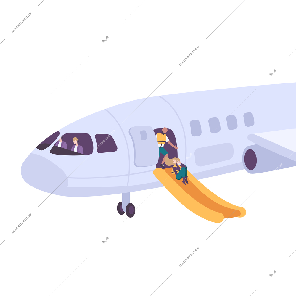 Passengers in life vests leaving plane on emergency slide flat vector illustration