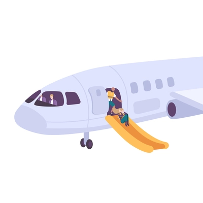 Passengers in life vests leaving plane on emergency slide flat vector illustration