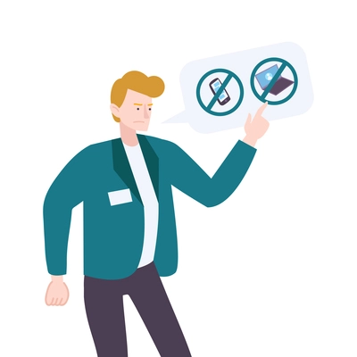 Flat icon with steward telling about ban on gadgets during flight vector illustration