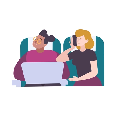 Two sad passengers on their seats in airplane flat vector illustration