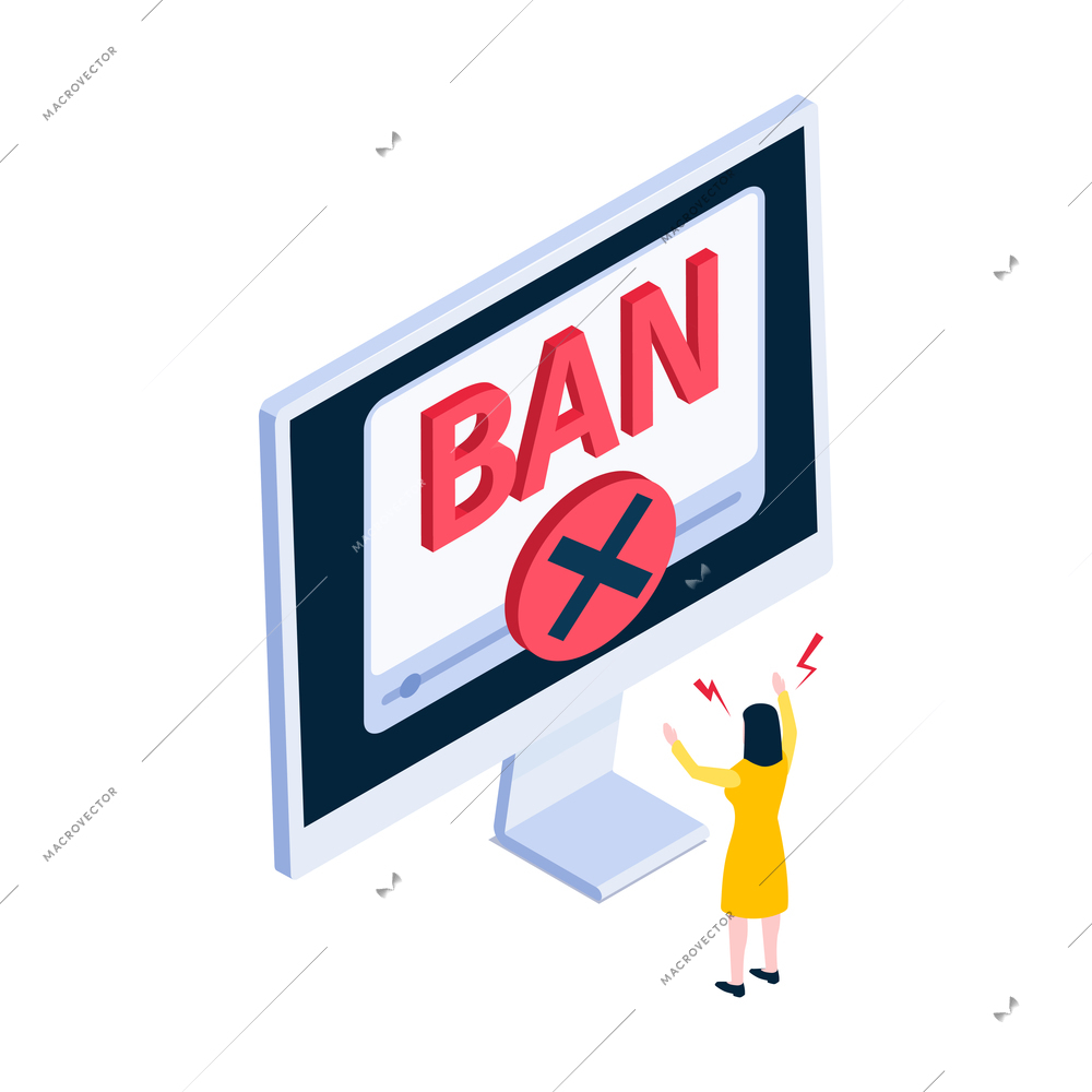 Internet ban isometric icon with character in panic and blocked account 3d vector illustration