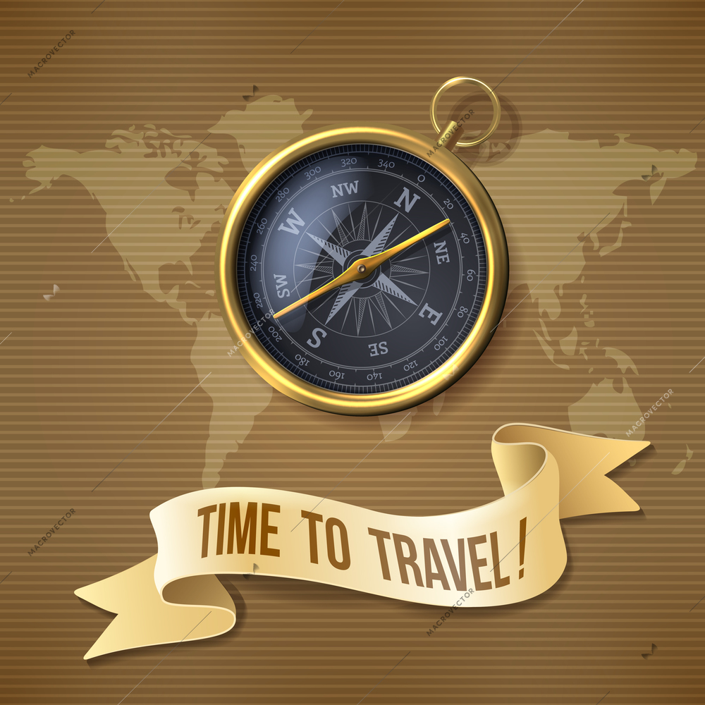 Antique retro style black compass on world map background vector illustration