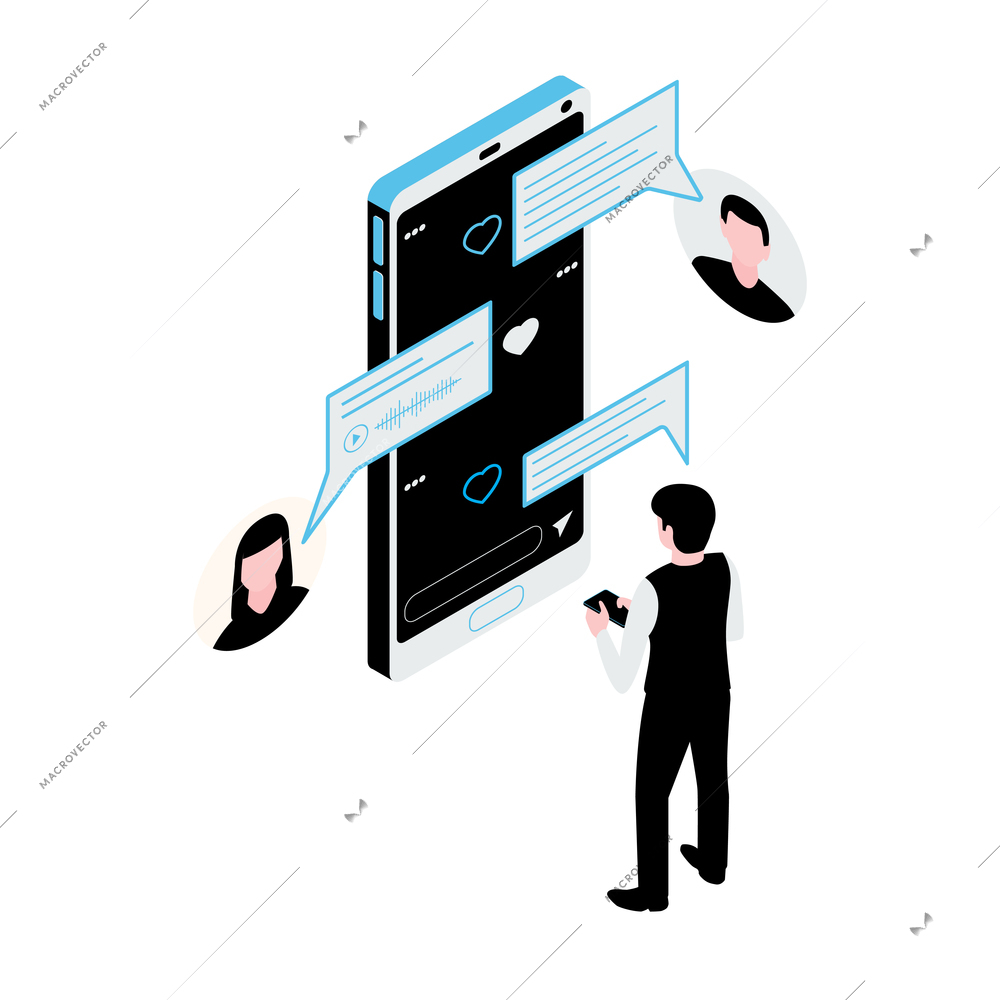 Social media concept with people communicating via text and voice messages on smartphone isometric vector illustration