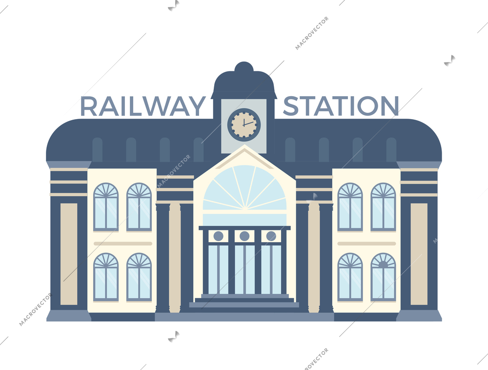 Facade of railway station building flat vector illustration