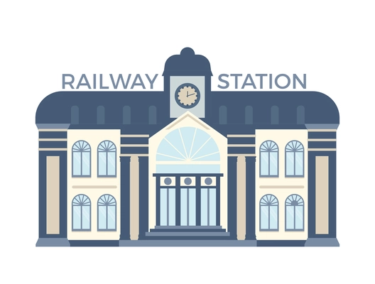 Facade of railway station building flat vector illustration